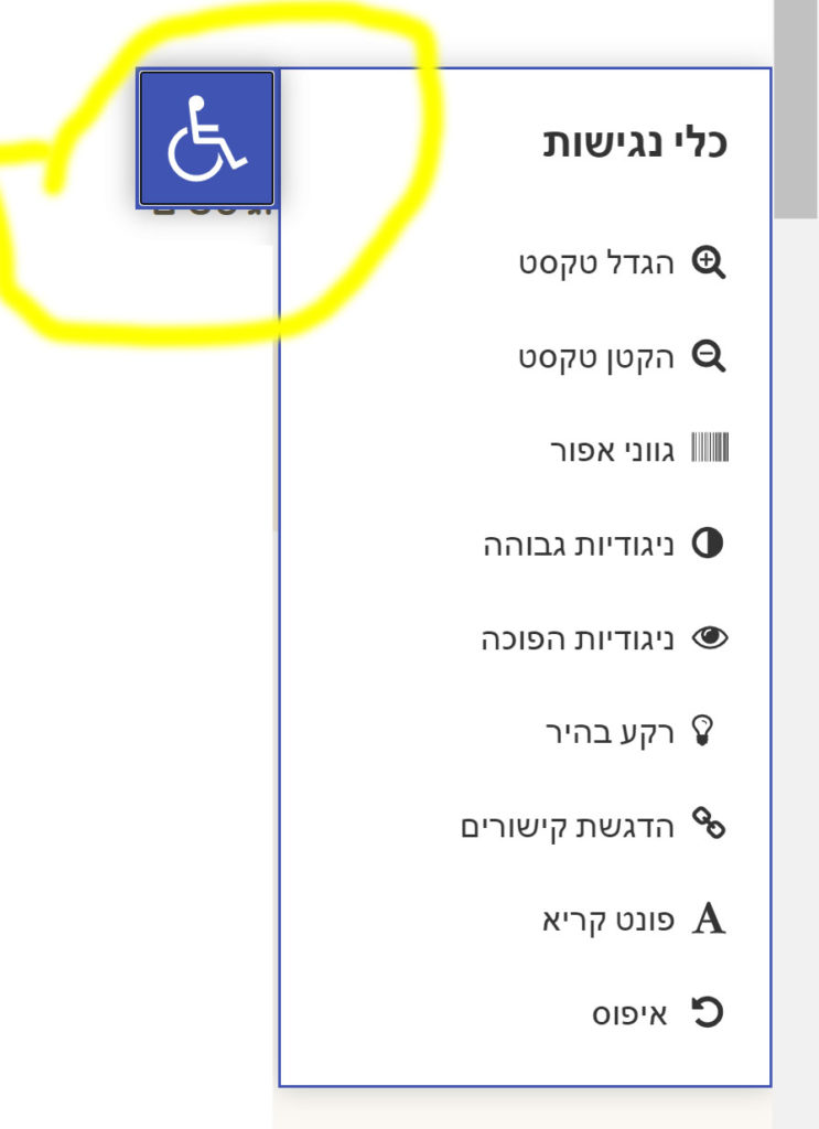 צילום מסך תפריט נגישות